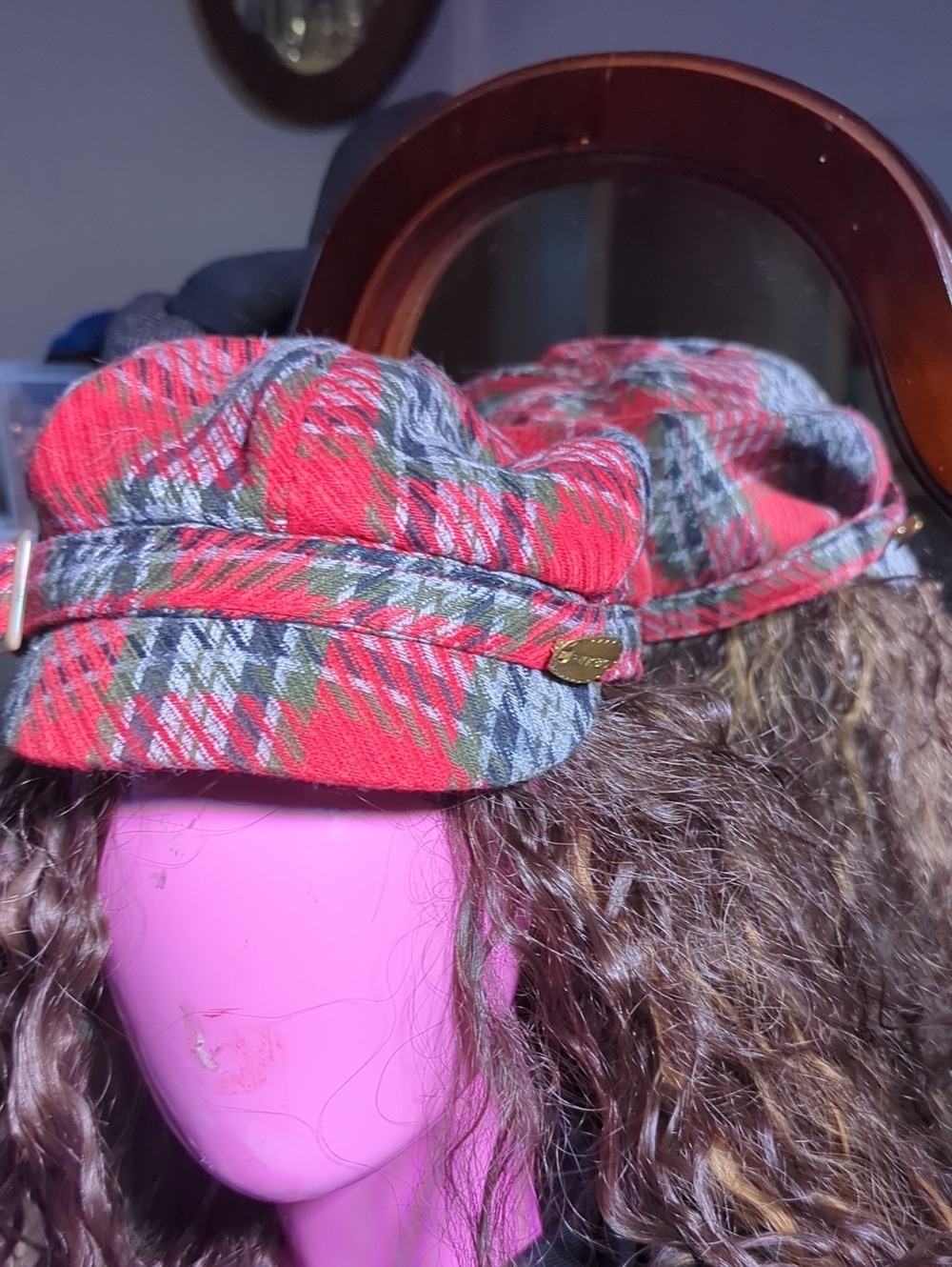 Woven Plaid Newsboy Cap in Red - Women Accessories